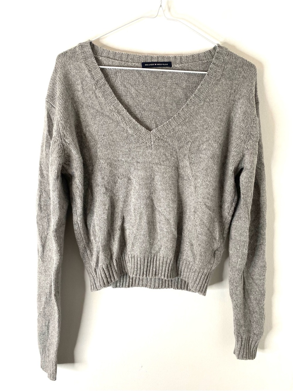 Brandy Melville Grey Wool Cashmere V Neck Cropped Sweater Made in Italy